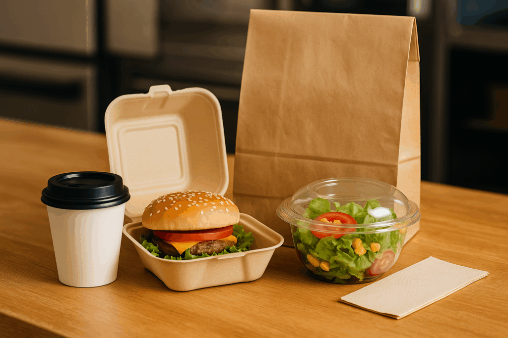 ALT: To-Go-Verpackungen für Gastronomie: Burgerbox, Salatschale, Kaffeebecher und Papiertüte auf einem Tresen